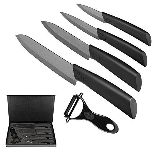 Ballery Cuchillos de Cerámica Set, 4 Piezas Cuchillos de Cocina y 1 Pelador Cerámica (6"Chef Cuchillo, 5'' Utilidad/Cortar, 4'' Cuchillo de Fruta, 3'' Cuchillo de pelado) - Negro