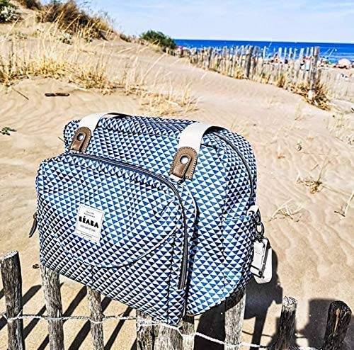 BÉABA Genève II - Bolso Cambiador, Modulable, Múltiples Compartimentos, Estuche Delantero Extraíble, Colchón Cambiador, Bolsa de Comida Isotérmica, Sistema de Enganche para Cochecitos - Azul/Gris