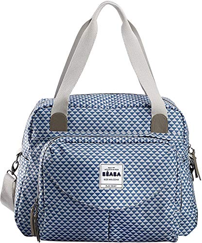 BÉABA Genève II - Bolso Cambiador, Modulable, Múltiples Compartimentos, Estuche Delantero Extraíble, Colchón Cambiador, Bolsa de Comida Isotérmica, Sistema de Enganche para Cochecitos - Azul/Gris