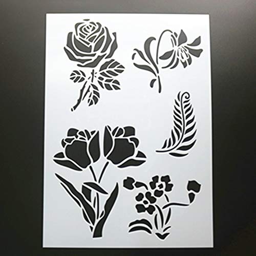 BLUGUL 9pcs A4 Plantillas de Dibujo, para Manualidades Decoración Pared Mueble Ventana Aerógrafo, con Varias Flores y Hojas, árbol Hoja de Arce Peonía Lirio de Agua