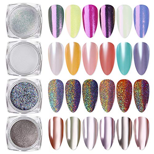 Born Pretty 4 Cajas Nail Art Powder Mirror Holographic Laser Rainbow Neon Unicornio Perla Sirena Pigmento Manicura Glitter Powder