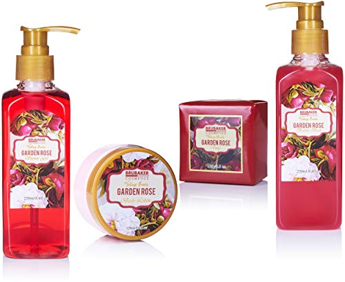 BRUBAKER Cosmetics Set de Baño y Ducha"Garden Rose" Fragancia floral Rosa y Violeta - 7 piezas - Set de Regalo Flor Vintage con acrílico masajeador