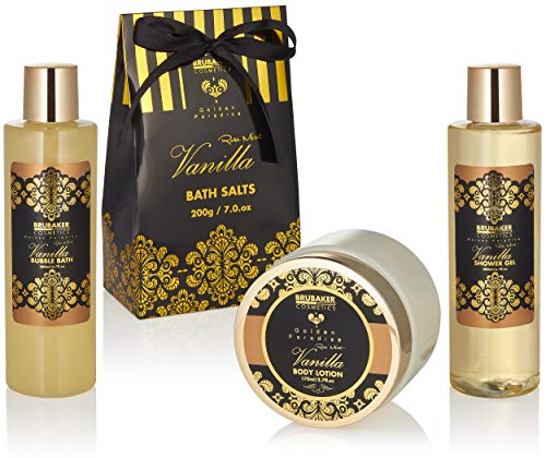 BRUBAKER Cosmetics Set de Baño y Ducha"Vanilla Golden Paradies" - Fragancia Rosas de Vainilla y Menta - Set de regalo de 14 piezas en caja con asa