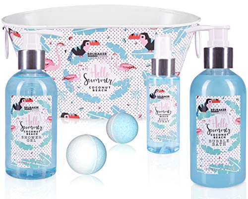 BRUBAKER Set de Baño y Ducha 'Coco playa' - 11 piezas - Set de regalo de belleza en una bañera decorativa