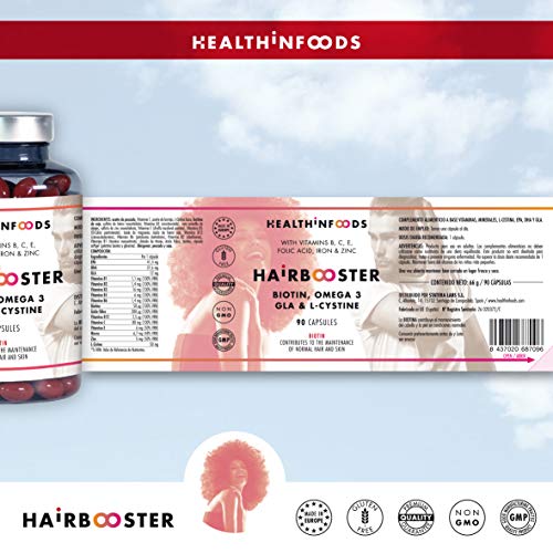 Cabello Piel Uñas.Biotina,Omega 3,Zinc,GLA,L Cistina,Hierro,Vitaminas. Fórmula Hairbooster Anticaída para Potenciar el Crecimiento y Fortalecimiento de Pelo,Uñas y Piel. 90 Cápsulas.GMP.Healthinfoods