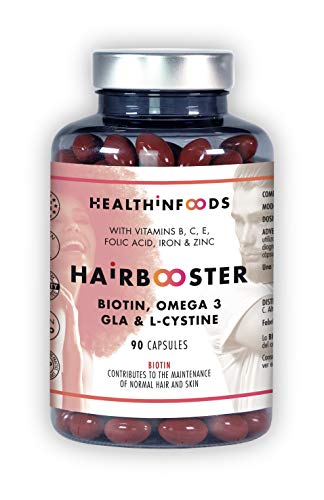 Cabello Piel Uñas.Biotina,Omega 3,Zinc,GLA,L Cistina,Hierro,Vitaminas. Fórmula Hairbooster Anticaída para Potenciar el Crecimiento y Fortalecimiento de Pelo,Uñas y Piel. 90 Cápsulas.GMP.Healthinfoods