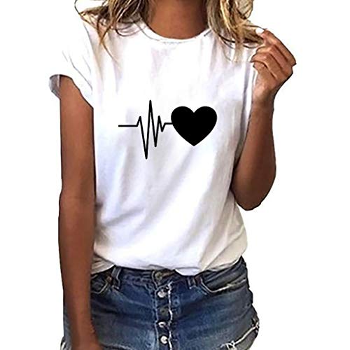 Camiseta de Mujer Manga Corta Corazón Impresión Blusa Camisa Cuello Redondo Basica Camiseta Suelto Verano Tops Casual Fiesta T-Shirt Original tee vpass