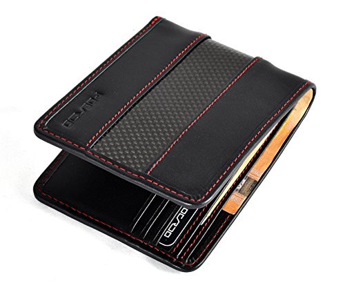 Cartera Negra para Hombre | Piel y Carbono | Bloque de RFID | POCARDO Stripe (sin Bolsillo para Monedas/Costura Roja)