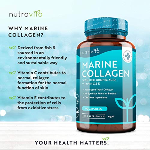 Colágeno Marino Dosis Alta 1000 mg, Ácido Hialurónico, Vitamina C y E | 90 cápsulas | Biodisponibilidad superior | fabricado por Nutravita