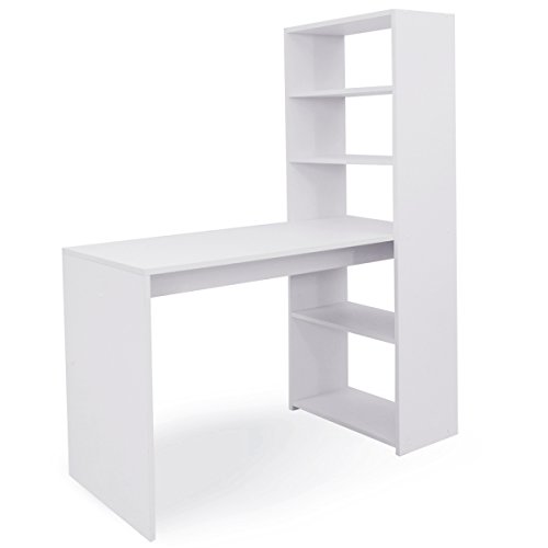 COMIFORT Escritorio con Estantería - Mesa de Estudio con Librería de Estructura Firme, Moderna y Minimalista con 4 Baldas Espaciosas y de Gran Capacidad, Color Blanco