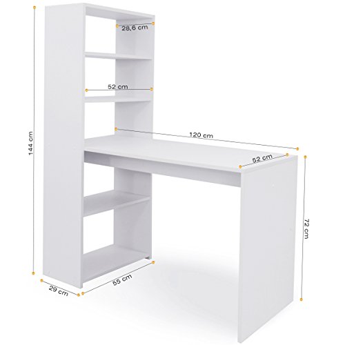 COMIFORT Escritorio con Estantería - Mesa de Estudio con Librería de Estructura Firme, Moderna y Minimalista con 4 Baldas Espaciosas y de Gran Capacidad, Color Blanco