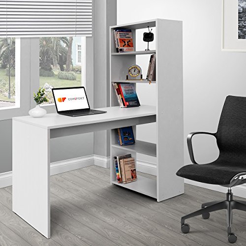 COMIFORT Escritorio con Estantería - Mesa de Estudio con Librería de Estructura Firme, Moderna y Minimalista con 4 Baldas Espaciosas y de Gran Capacidad, Color Blanco