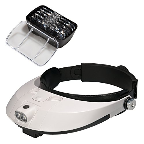 Covvy Cabeza Lupa Gafas con 2 Luces Led, 5 Lentes Intercambiables, Lupa de Cabeza Ajustable para Leer, Lupa Joyería, Electrónico Reparación