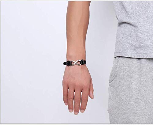 Cupimatch Pulsera Infinito Hombre Cuero Brazalete Acero Ajustable Pulsera Simbolo Infinito Amor Hombre Mujer Joyería de Moda Deligado (Negro)