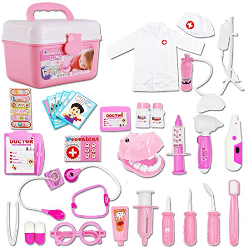 deAO Maletín de Doctor y Dentista Conjunto 2en1 Doctor y Enfermería Clínica Dental Juego para Niños y Niñas Incluye 17 Accesorios Luces y Sonidos (Rosa)