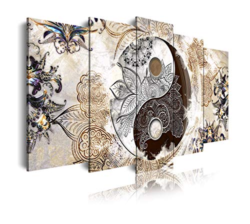 DekoArte 455 - Cuadros Modernos Impresión de Imagen Artística Digitalizada | Lienzo Decorativo para Tu Salón o Dormitorio | Estilo Ying Yang Abstractos Zen Colores Beige Marrón | 5 Piezas 150 x 80 cm