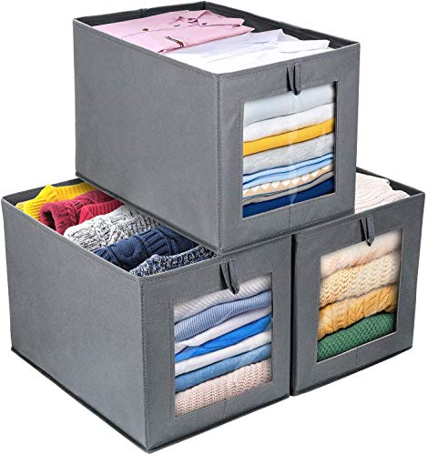 DIMJ Cajas de almacenaje Plegable, Conjunto de 3 Cajas Organizadoras Tela, Cubos de Almacenamiento con Ventana Transparente, Organizadores de Contenedore para Ropa Juguetes Libros