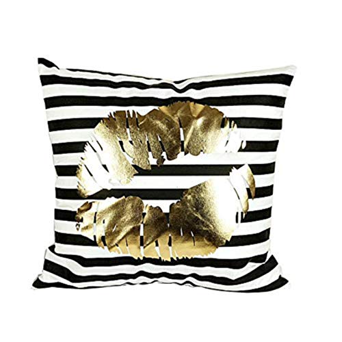 Dos fundas de almohada cojín de sofá de 40x40 cm - rayas - cojín decorativo cuadrado - estampado dorado - lino - dormitorio - beso casero - boca - idea de regalo original - color blanco y negro