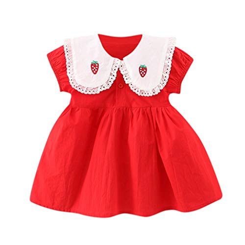 Dulce Bebé Niño Niña Fresa Peter Pan Collar Vestido Sólido Algodón Vestido de Princesa Vestidos de Ropa