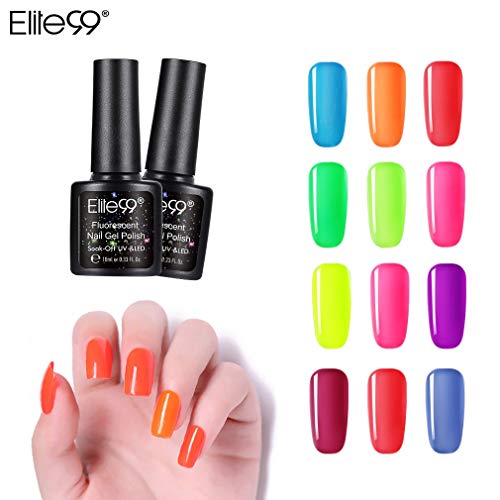 Elite99 Esmaltes Semipermanentes de Uñas en Gel UV LED de Color Neon, 12pcs Kit de Esmaltes de Uñas 10ml