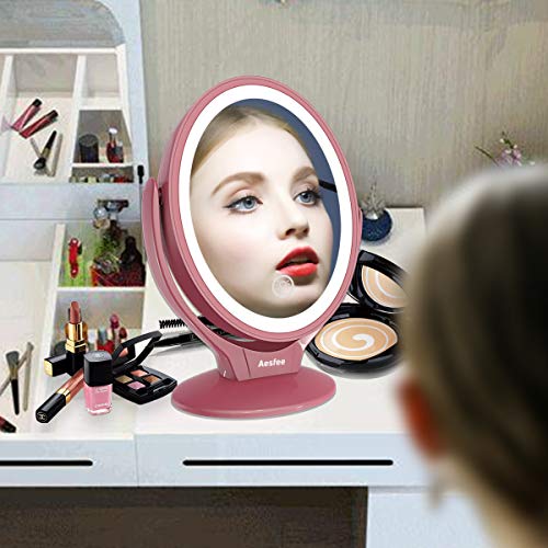 Espejo de Maquillaje de Doble Cara con Luces LED, Espejo Maquillaje de Aumento 1x/7x con Rotación de 360°,Pantalla Táctil Ajustable de Brillo,Recargable,Espejo iluminador Portátil para Viajes