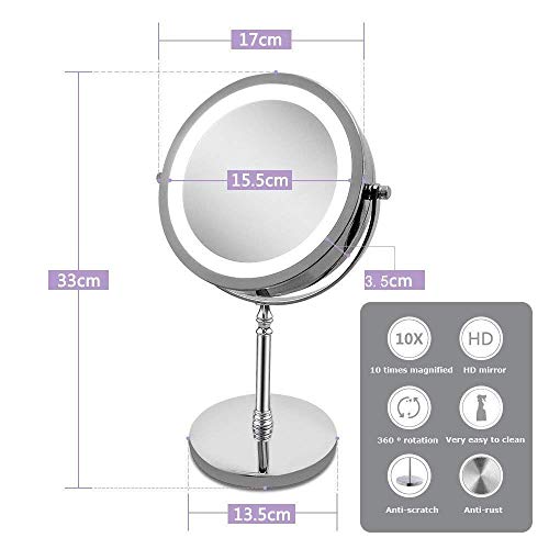 Espejo de maquillaje iluminado, NOTENS Doble cara 1x / 10x Aumento 18 Luces LED 360 Rotación 7 pulgadas Iluminado Maquillaje Espejo de vanidad con luces Acabado de acero inoxidable pulido cromo pulido