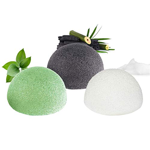 Esponja Konjac Facial 100% Naturales, Esponja Exfoliante Facial, 3PCS Esponja Konjac Cuidado de la Piel Facial y Limpieza Profundamente a la Piel Facial (Negro Carbón, Blanco y Verde）