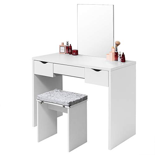 EUGAD Juego Mesa de Tocador con Taburete Tocador Moderno Escritorio con Espejo Mesa de Maquillaje con 3 Cajones Madera 100x49,5x129,5cm Blanco 0011SZT