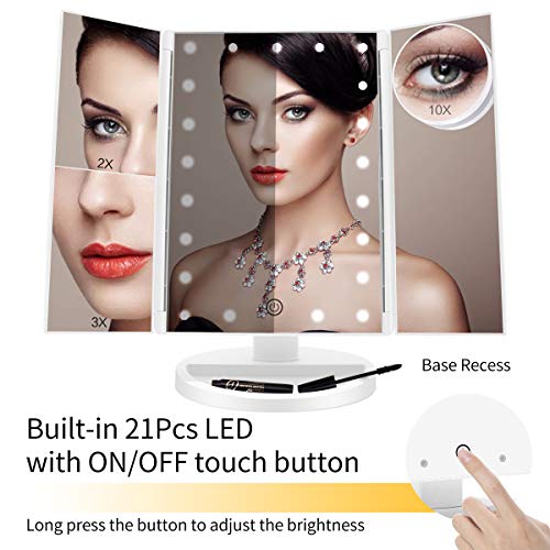 FASCINATE Espejo Maquillaje con Luz, Espejo de Mesa Tríptica Espejo con Aumentos 10x, 3X, 2X, 1x Iluminacíon 21 Led Pantalla Táctil Lámparas Rotación de 180° Espejo Cosmético Carga con USB o Batería