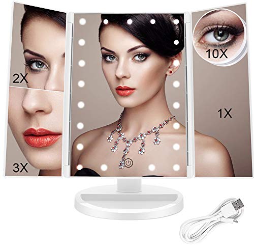 FASCINATE Espejo Maquillaje con Luz, Espejo de Mesa Tríptica Espejo con Aumentos 10x, 3X, 2X, 1x Iluminacíon 21 Led Pantalla Táctil Lámparas Rotación de 180° Espejo Cosmético Carga con USB o Batería