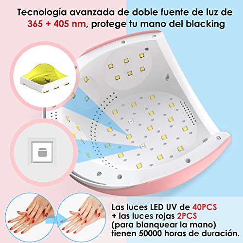 FASHSMILE Lampara LED Uñas, 84W Secador de Uñas Botón Táctil Lampara para Blanquear Incorporada con Pantalla LCD Temporizador de 30 seg, 60 seg, Modo de Calor Bajo 120 seg Secado Rápido Rosa