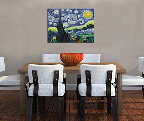 Fokenzary pintura al óleo pintada a mano sobre lienzo Vincent Van Gogh Classic Starry Night Reproduction Wall Decor enmarcado listo para colgar, 60 x 80 cm