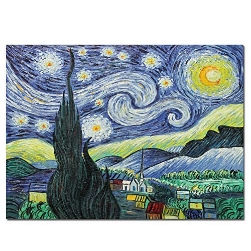 Fokenzary pintura al óleo pintada a mano sobre lienzo Vincent Van Gogh Classic Starry Night Reproduction Wall Decor enmarcado listo para colgar, 60 x 80 cm