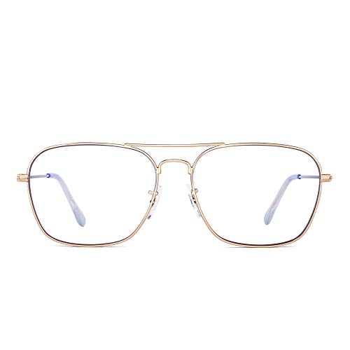 Gafas de Vista Aviador Bloqueo Luz Azul Computadora Mujer Hombre, Cuadradas Proteger Ojos Vídeo Anteojos Anti Deslumbramiento (Marco Dorado Punta del Templo Claro)