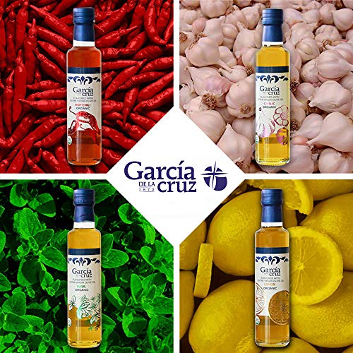 García de la Cruz - Set de Regalo de Aceite de Oliva Virgen Extra Aromatizado (Ajo, Albahaca, Chili y Limón) - Pack de 4x250 ml Botellas de Vidrio