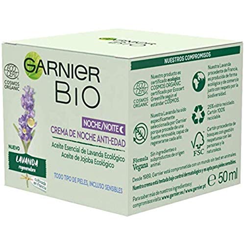 Garnier Bio Crema Anti - Edad Noche Regeneradora Aceite Esencial Lavanda Ecológico y Aceite Jojoba Ecológico - 50 ml