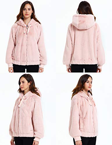 Geschallino Capucha de Suave Piel Sintética Chaqueta para Mujeres, Campera Corta con 2 Bolsillos, Top Cálido Suave y Polar para Invierno, Primavera, Rosa, L