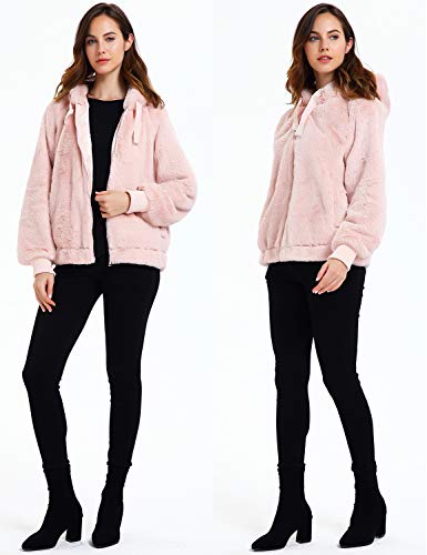 Geschallino Capucha de Suave Piel Sintética Chaqueta para Mujeres, Campera Corta con 2 Bolsillos, Top Cálido Suave y Polar para Invierno, Primavera, Rosa, L