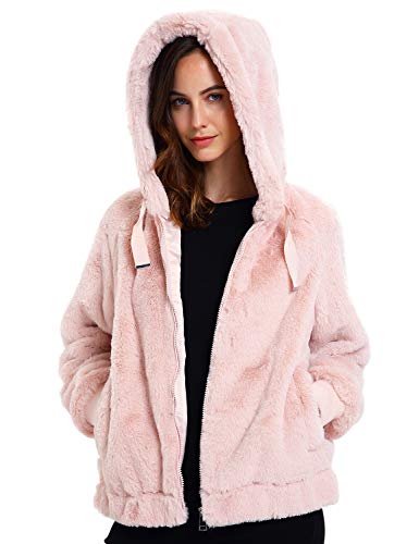 Geschallino Capucha de Suave Piel Sintética Chaqueta para Mujeres, Campera Corta con 2 Bolsillos, Top Cálido Suave y Polar para Invierno, Primavera, Rosa, L