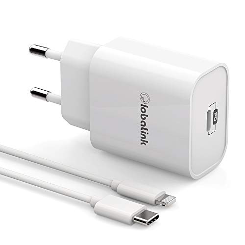 GlobaLink Cargador Rapido iPhone MFi Certificado, 18W Cargador de Pared USB C + 2M Cable USB C a Lightning - Power Delivery 3.0 Carga Rápida para iPhone SE 2020/11 Pro Max/11 Pro/11/Xs MAX/XS/XR/X/8