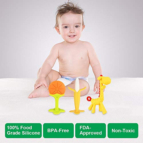 GOLDGE Mordedor para bebé, Mordedor de Fruta para la dentición para bebés,sin BPA Natural Organic Freezer Safe Silicone Teethers-Naranja * 1 + Plátano Blanco * 1 + Jirafa amarilla * 1