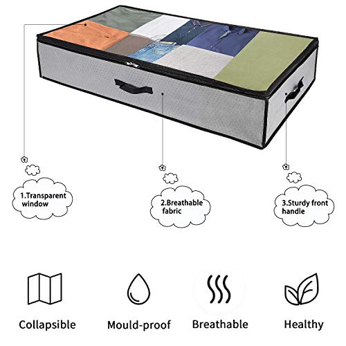 GoMaihe Bolsa de Almacenamiento 3 Pcs, Cajas Almacenaje Ropa 100x50x17cm Debajo de la Cama no Tejido de Gran Capacidad, Organizador de Transpirable con Cremallera Robusta, Edredón, Manta, Gris