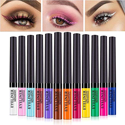 Greyghost Liquid Eyeliner Juego de delineador de ojos con purpurina de 12 colores,lápiz delineador de ojos impermeable,brillante,de larga duración,delineador de ojos mate