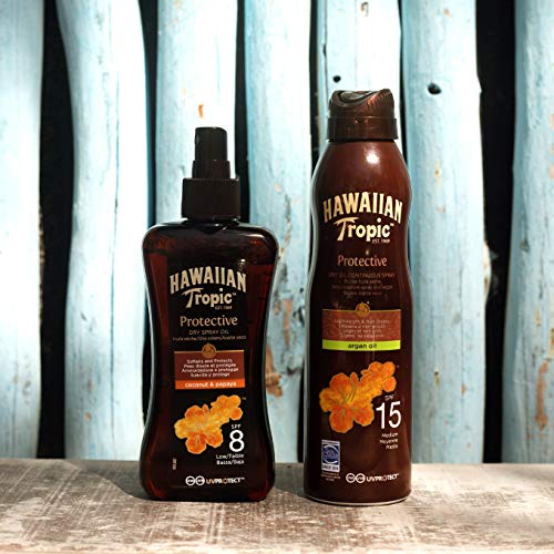 Hawaiian Tropic Protective Dry Spray Oil SPF 8 - Aceite Seco Bronceador con Protección Baja, Fragancia de Coco y Guayaba, 200 ml