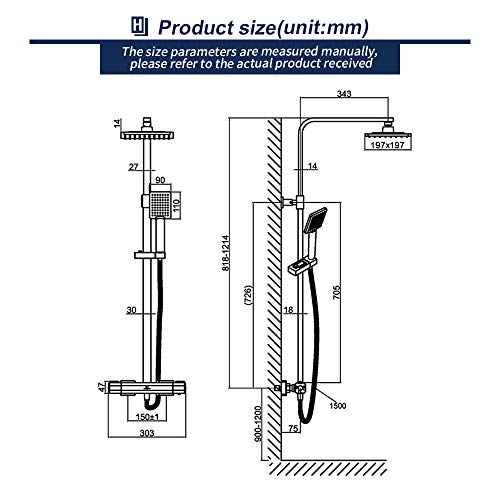 HOMELODY 40℃ Conjunto de Ducha Termostática Columna de ducha Rectangular 818-1214mm Altura Ajustable Ducha de Lluvia 2 Modos Ducha de Mano para Baño