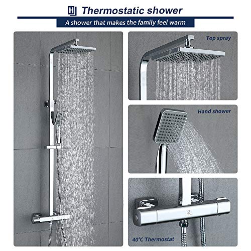 HOMELODY 40℃ Conjunto de Ducha Termostática Columna de ducha Rectangular 818-1214mm Altura Ajustable Ducha de Lluvia 2 Modos Ducha de Mano para Baño