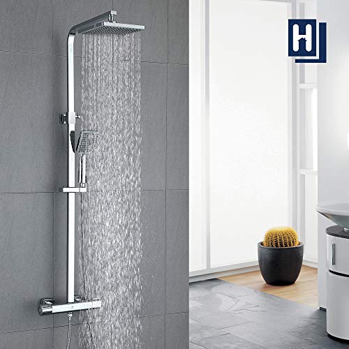 HOMELODY 40℃ Conjunto de Ducha Termostática Columna de ducha Rectangular 818-1214mm Altura Ajustable Ducha de Lluvia 2 Modos Ducha de Mano para Baño