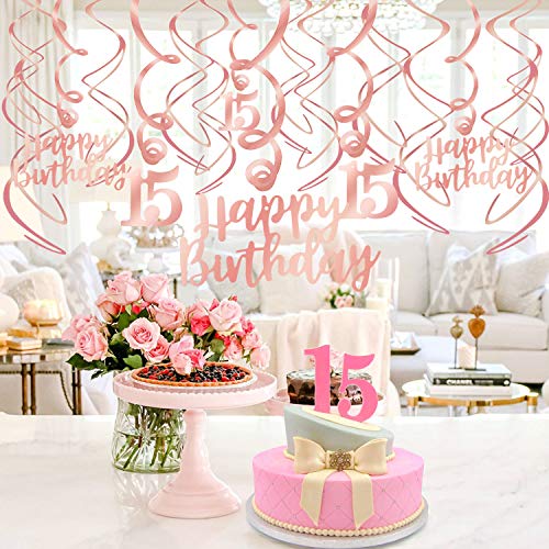 HOWAF Oro Rosa 15 cumpleaños Decoración para Chica, 30 pezzi Feliz cumpleaños Colgante Decoración remolinos Adornos de espirales Serpentinas para 15 Años Decoraciones Fiesta de Cumpleaños