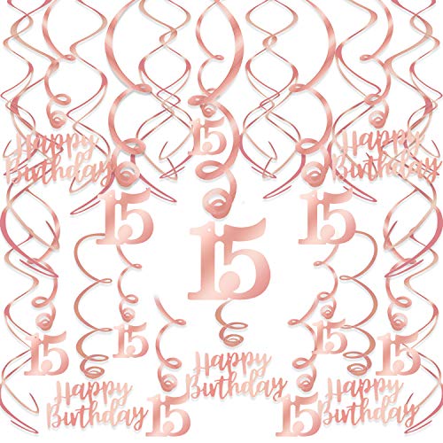 HOWAF Oro Rosa 15 cumpleaños Decoración para Chica, 30 pezzi Feliz cumpleaños Colgante Decoración remolinos Adornos de espirales Serpentinas para 15 Años Decoraciones Fiesta de Cumpleaños