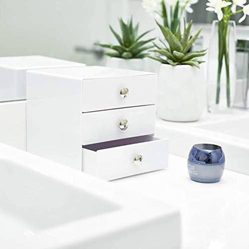 iDesign Organizador de maquillaje con 3 cajones, compacta minicómoda de plástico, mini cajonera cuadrada para productos de belleza y cosméticos, blanco